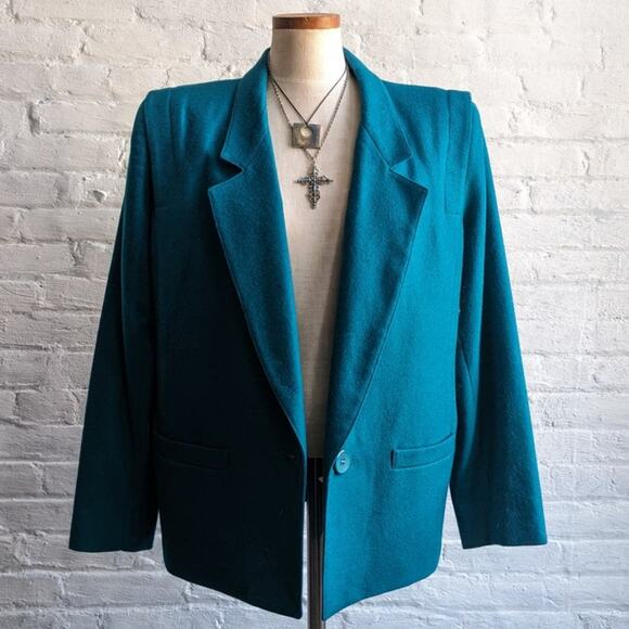 Vintage Green Blue Wool Blazer Classic Preppy Oversize Minimalist Grandpa Jacket - Picture 3 of 10